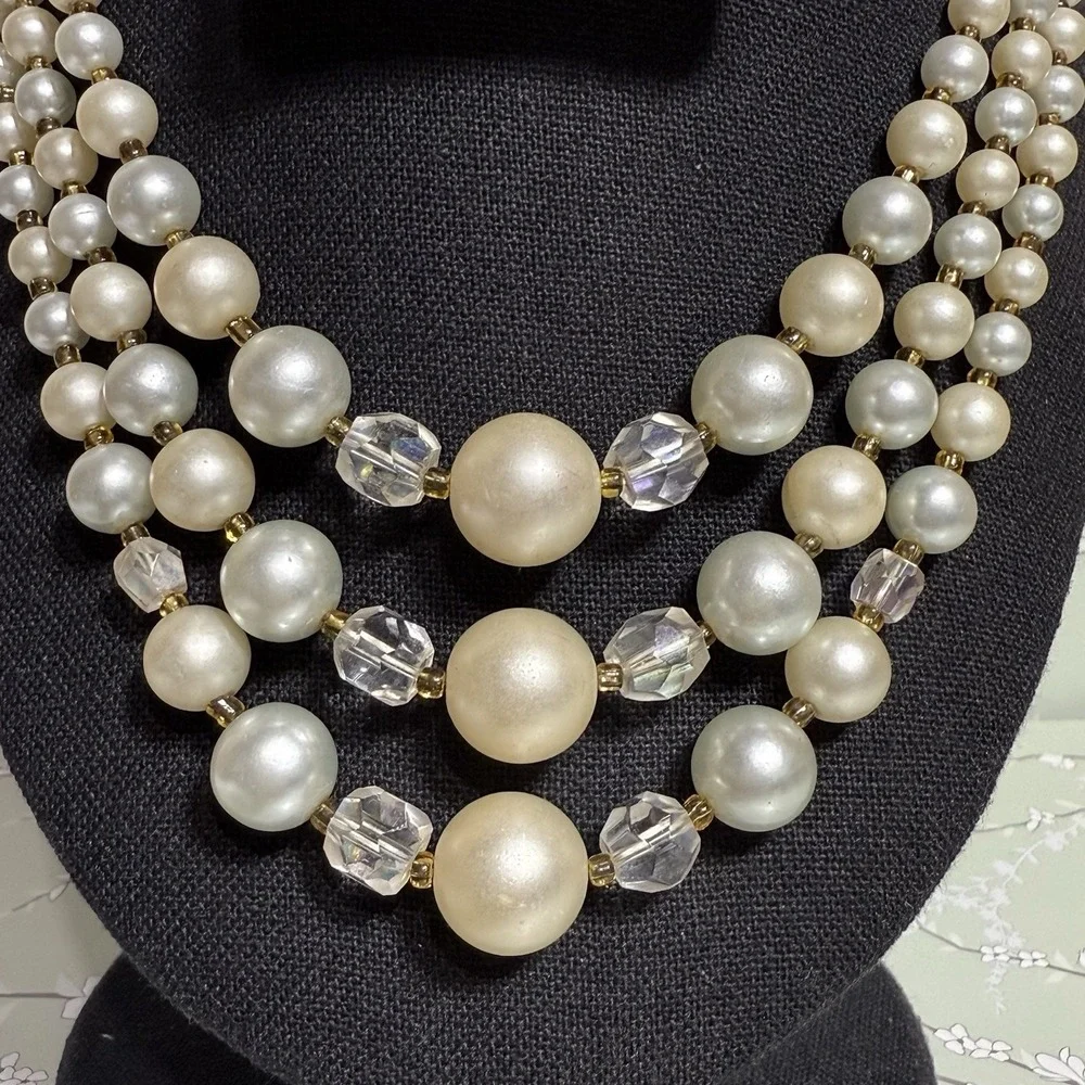 VTG Necklace Multi-Strand Signed JAPAN Gold Tone Faux Pearl Shepherd Hook Estate